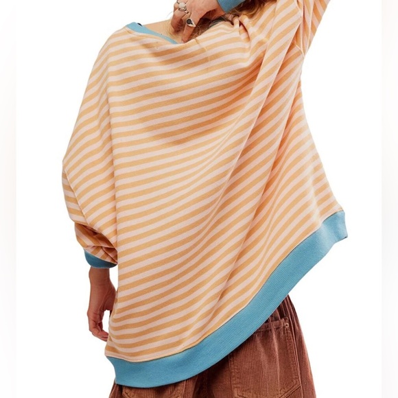 Free People NWOT We The Free Classic Striped Oversized Crew Latte Combo Size M - Picture 2 of 5